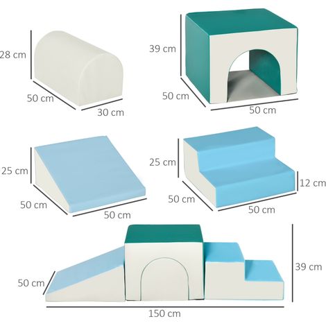 Set de blocs de motricité en mousse EPE, 4 modules, tapis d'éveil rembourré et lavable, aire de jeu souple pour bébés 1-3 ans, gris clair, bleu et vert, 150x50x39 cm (1/5)