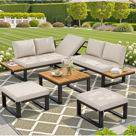 Salon de jardin modulable 187,5/167/57 cm beige en métal et bois synthétique avec dossier réglable (1/5)