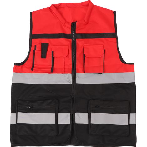 Reflective Vest Red and Black Blocking Round Neck Multiple Pocket Safety Work Vest for Construction Transportation