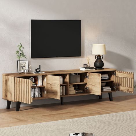 DESMIU Meuble TV 70 pouces avec 4 portes et 8 niches de rangement, pour salon, en bois, naturel 180 × 40 × 55 cm (1/5)
