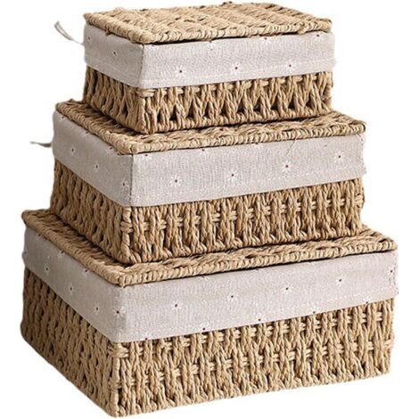 Paniers de Rangement Tissés Main - Lot de 3 (Avec Couvercle) - Corde de Papier Résistant et Doublure Antidérapante - Design Bohème pour Chambre, Salle de Bain, Rangement Jouets (Beige) (1/5)