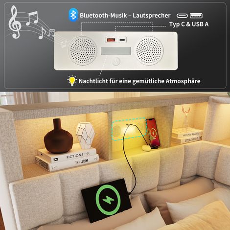 Lit gigogne capitonné en lin beige 90x200 cm avec couchage d'appoint 90x190 cm, éclairage LED intégré, haut-parleur Bluetooth, chargeurs USB/Type-C, tête de lit en angle avec étagère, canapé convertib (1/5)