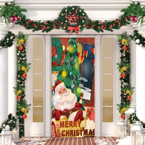 Stickers de porte de Noël, décorations de porte Père Noël, décorations de fête du Nouvel An, décorations de fêtes, banderoles/décorations de porte - 90 x 180 cm (avec trous et ruban) - 10