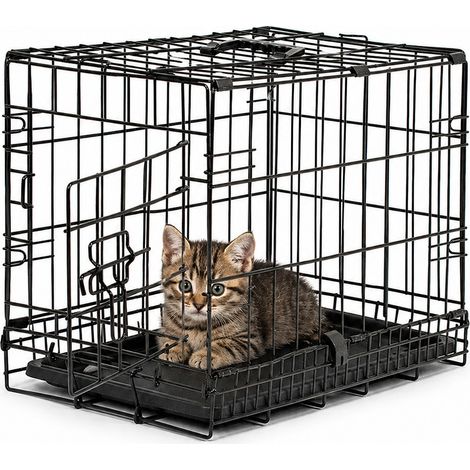 lionto Transportkäfig für Katzen aus Metall, stabil & klappbar mit Trennwand & Kunststoffbodenwanne, 45x31x36 cm