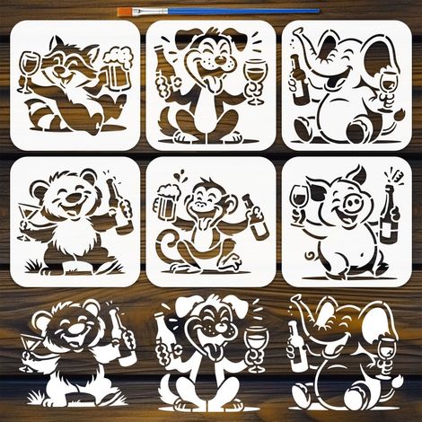 6Pcs Pochoir Animaux Bière Amusants Avec Pinceau, 15x15cm Pochoirs Raton Laveur, Chien, Éléphant Ours Singe Cochon - Pochoirs Animaux Bière pour Meubles Toile Décor Maison Artisanat DIY (1/5)