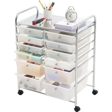Chariot de Rangement à 12 Tiroirs en PP Double Rangée avec Roulettes, Cadre en Acier Chromé, 4 Roulettes Pivotantes 2 avec Frein, pour Bureau, Salle de Classe, Atelier, Loisirs Créatifs, Studio (1/5)