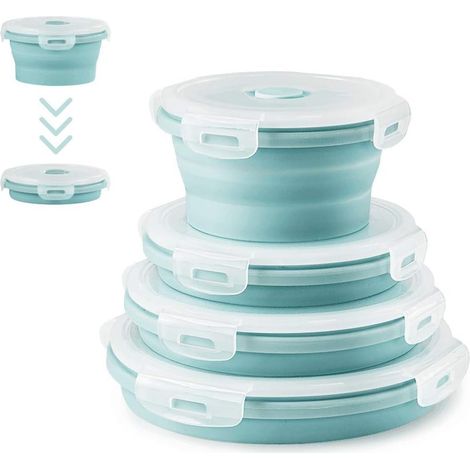 4 PCS Boîte à Lunch Pliante en Silicone Rond Rétractable Récipients Alimentaires en Silicone Rétractable Déjeuner Bento Box Stockage de Nourriture Silicone boîte Stockage (Rond Bleu) (1/2)