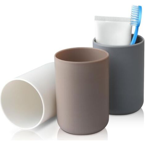 QORVA-Gobelet Salle de Bain, Porte brosse à dents, Lot de 3, Plastique de qualité alimentaire, absolument incassable (blanc, gris, marron)