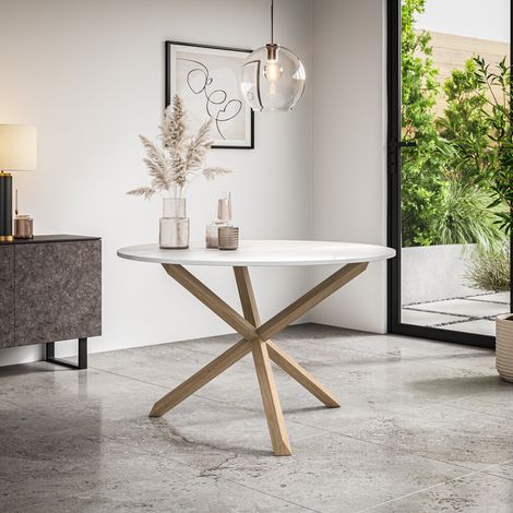 Malvern Round Dining Table White Marble Effect Table Top w Solid Oak Legs (1/4)