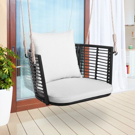 Fauteuil suspendu blanc en rotin PE avec coussin et cadre métallique robuste, charge 180 kg, pour jardin, terrasse et balcon (1/5)
