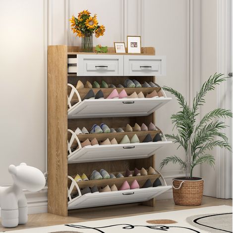 Schuhschrank mit 3 drehbaren Schuhklappen und 2 Schubladen, 80 x 23,5 x 131 cm, Weiß/Natur HAVRYA (1/5)