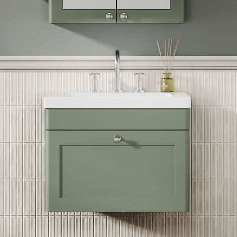 Nuie Classique Wall Hung 1-Drawer Vanity Unit with 3TH Contemporary Basin 600mm Wide - Satin Green (1/5)