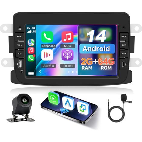 Autoradios 2 DIN pour Renault Dacia 2013-2017 4+64G Poste Radio Voiture Bluetooth CarPlay sans Fil Android Auto Écran Tactile Android 14 7 Pouces Stéréo GPS Navigation,WiFi,DSP FM/RDS (1/5)