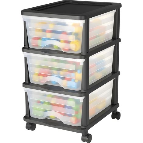 Chariot de rangement à 3 tiroirs en plastique, tour de rangement à roulettes, organiseur mobile à 3 niveaux, bac transparent pour fournitures de bureau, salles de bricolage et salles de classe (1/5)
