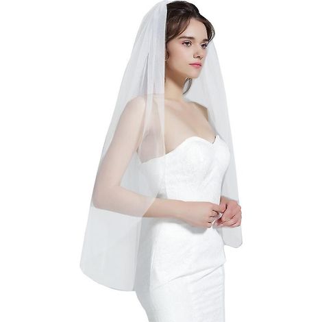 Voile de mariée blanc ivoire simple avec peigne en métal - Bord long coupé (1/4)