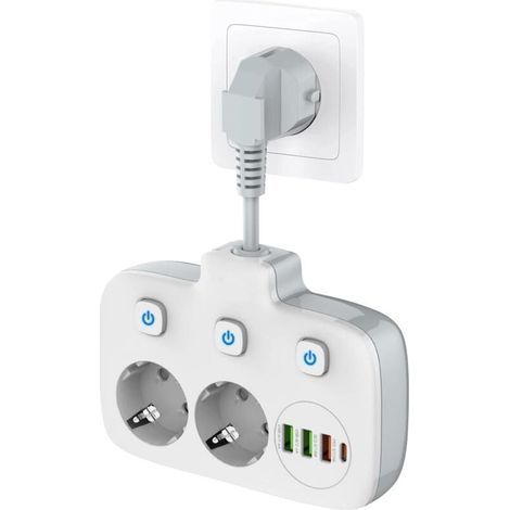 Multiprise à interrupteur unique 2 compartiments, multiprise avec 3 interrupteurs, double fiche murale avec 4 USB, adaptateur de prise avec protection contre les surtensions, sécurité enfant, c (1/5)