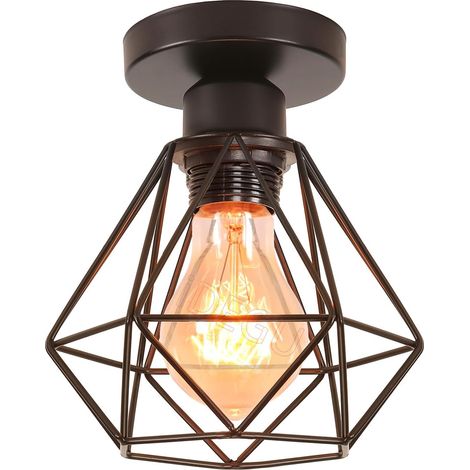 1 Plafonnier Métal, Design Cage Géométrique, Douille E27, Finition Noire, Pour Couloir Entrée