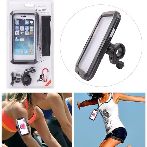 Support téléphone vélo moto étui étanche IPX8 pour iPhone XS Max Samsung Galaxy S8 S9 avec monture guidon brassard dragonne mousqueton ABS silicone 16,5x9 cm (1/5)