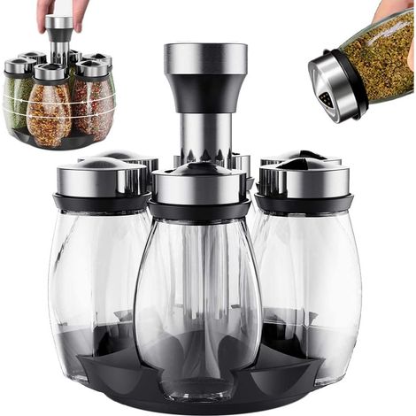Gewürzglas mit drehbarem Boden, 360° runde Gewürzgläser, Gewürzdosen-Aufbewahrung, Gewürzregal aus Edelstahl, Gewürzregal mit 6 Gewürzdosen, zur Aufbewahrung von Kräutern und Gewürzen