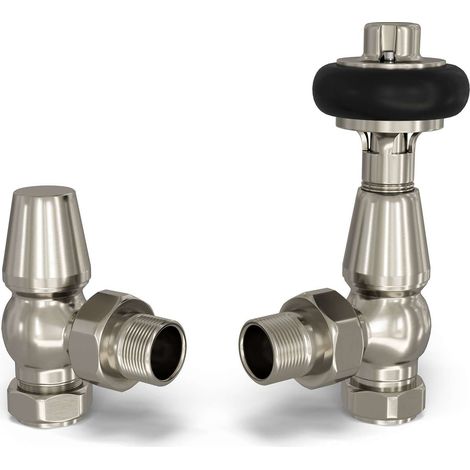 Signature Wooden Head - Silver Nickel Thermostatic Radiator Valve & Lockshield Angled 8mm