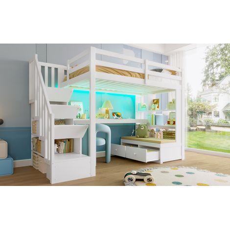 Lit mezzanine 90x200 avec bureau et étagères, deux tiroirs intégrés, escalier de rangement, blanc (1/5)