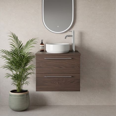 Napoli 390 Brown Oak 600mm Wall Mounted 2 Drawer Vanity Unit for Countertop Basins - 600mm - Chrome 320mm Handle