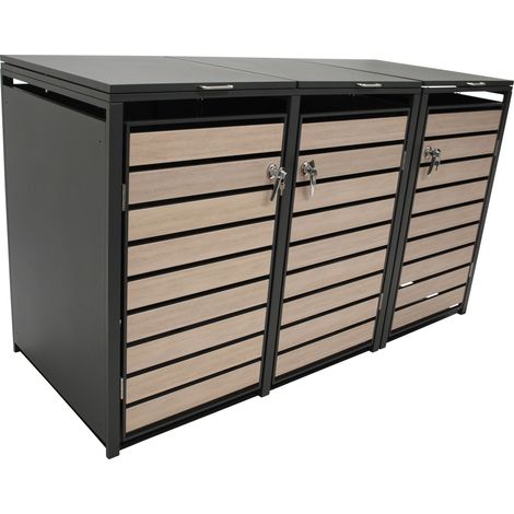 Mülltonnenbox 200x80x116cm für 3x Tonnen 120 und 240 Liter, Stahl anthrazit mit Türen Holzoptik (1/5)