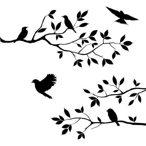 Décor mural adhésif vinyle oiseaux sur branches, autocollant mural noir amovible pour chambre séjour, art mural stickers déco, panneau mural (1/5)