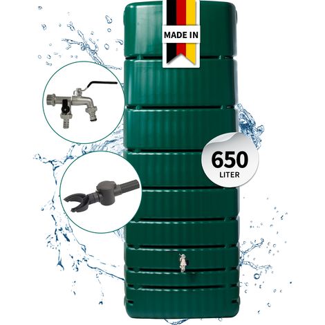 4rain SLIM Regentonne Wandtank Komplett-Set 650 Liter dunkelgrün inkl. Chrom-Doppelauslaufhahn und Fallrohranschluss (1/5)