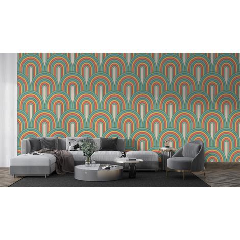 Papier peint rétro - arches art déco vert et orange - 150 x 250 cm (1/2)