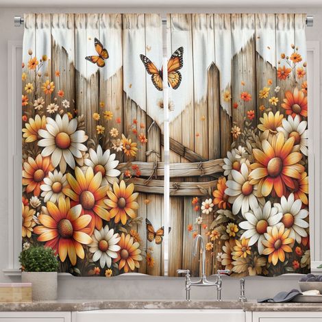 Rideau De Cuisine - 100 % Polyester - Motif Rustique Ferme - 55 x 36 Pouces - Orange Sépia Et Blanc Cassé - Lot De 2 Panneaux (1/3)