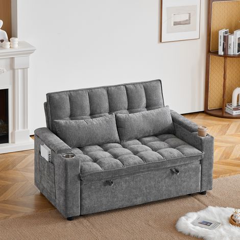 MODFU – Divano letto 3-in-1 142 cm in ciniglia con design ondulato, 2 cuscini lombari, vani contenitore, tasche e portabicchieri – Grigio (1/5)
