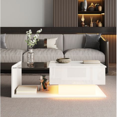 Table basse relevable 100 x 50 cm avec plateau en verre, LED et rangement blanc DESVIAE (1/5)