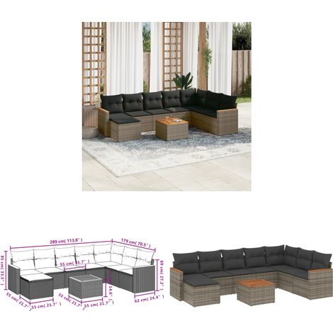 9-tlg. Garten-Sofagarnitur mit Kissen Grau Poly Rattan - Gartenmöbel Set - Esstisch - Lounge Möbel - Outdoor Sofa - Rattan Gartenmöbel - Home & Living (1/3)