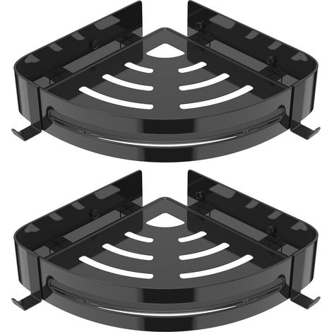 Étagère de douche d'angle – lot 2 en acier inoxydable 304 – triangulaire avec 4 crochets – rangement shampoing savon – salle de bain – Noir (1/5)