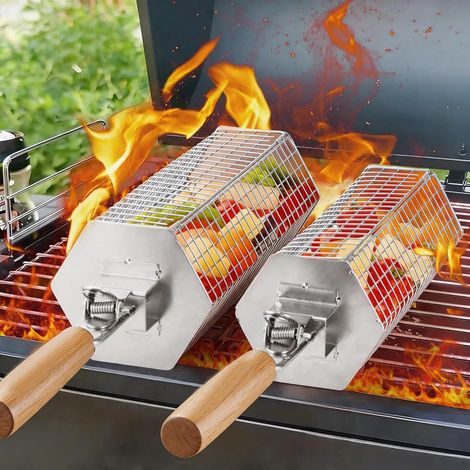Panier à Barbecue Roulant, Design Hexagonale à Ouverture Rapide, Poignée Détachable, Acier Inoxydable 304, Gigogne, Accessoires Grille à Legumes, Ustensiles Grill de Cuisine Exterieur Camping (1/5)