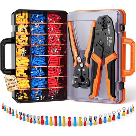 Crimping Pliers 0.5-6mm² with Stripping Pliers, AWG20-10 Electric Crimping Pliers + Wire Stripping Pliers 0.2-6mm², Complete Electric Set with 380 Electrical Crimping Lugs (33 Types) (1/5)
