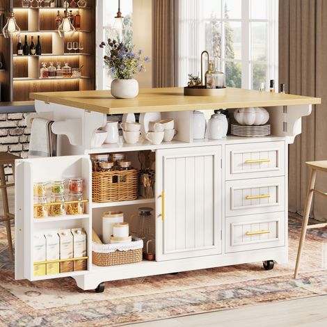Îlot central cuisine mobile sur roulettes 120x40/80x95 cm, double plateau rabattable, portes rainurées, 3 tiroirs, étagères réglables, blanc et chêne (1/5)