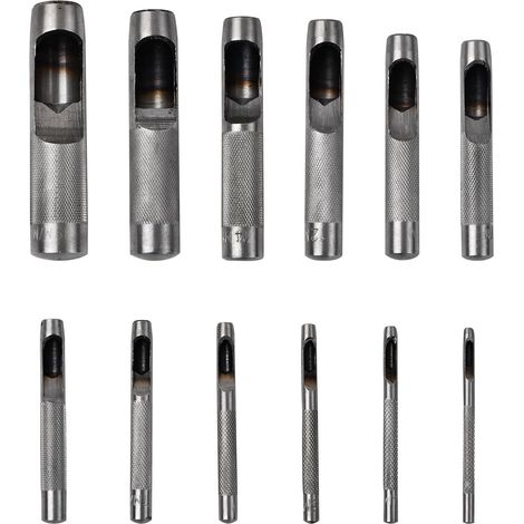 Set di 12 utensili per perforazione di pelle tonda in acciaio da 3 mm a 19 mm, utensili per perforazione di cinturini per orologi, cinture, tela, carta, plastica (1/5)