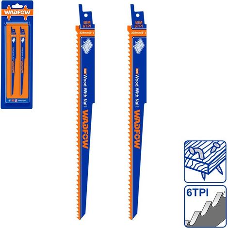 Set de 2 lames de scie sabre pour bois avec clous 225 mm 6TPI HCS WADFOW (1/3)