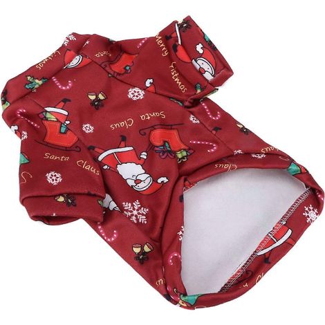 Pull pour animaux de compagnie rouge avec Père Noël et jolis motifs de dessins animés. Vêtements de Noël chauds pour petits chiens. (1/2)