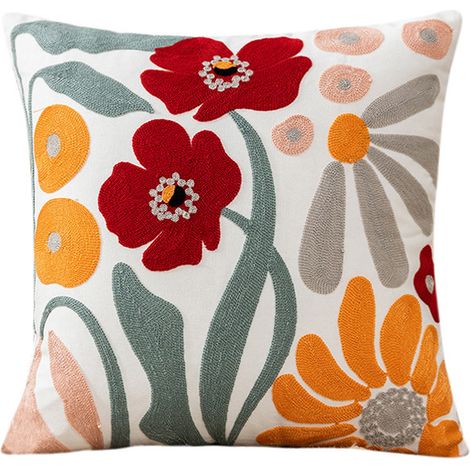 Kissenbezug 45 x 45 cm, dekorativ bestickter Bezug, Kissenbezug für Wohnzimmer und Sofa – Chrysanthemen- und Hibiskusmuster