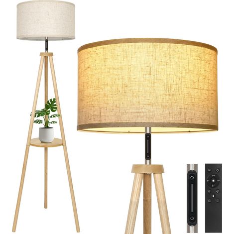 Lampadaire Trépied Dimmable, Télécommande, Tactile, Bois 4 températures de couleur, minuterie 1H, lampe sur pied en bois, abat-jour en lin, chambre, salon (1/5)