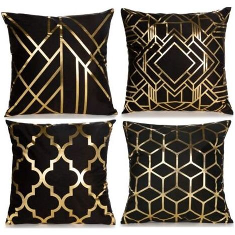 Ensemble de 4 housses de coussin décoratives pour la maison, taies d'oreiller en feuille d'or, 45 x 45 cm, coussin carré géométrique, décoration pour canapé, chambre à coucher (noir et or (1/5)
