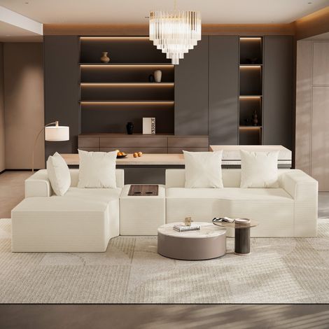 Divano angolare modulare a 3 posti con lato sinistro in velluto a coste compresso,con tavolino multifunzionale integrato,320x152x59cm,beige