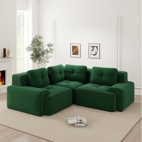 REDOM - Canapé d'angle modulaire, confort enveloppant, assise profonde, antidérapant, tissu côtelé vert (1/5)