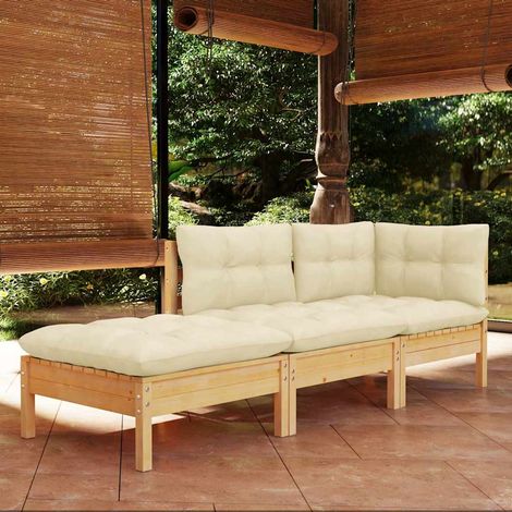 vidaXL Muebles de jardín 3 piezas cojines madera maciza de pino crema (1/4)