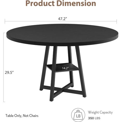 Table Ronde à Manger Industrielle 120cm, Pieds Métal Centraux, Rangement Intégré, 4-6 Personnes, Table à Manger Bois Noir