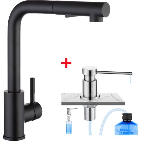 Cecipa Hochdruck Ausziehbare Küchenarmatur, schwarze Küchenarmatur aus Edelstahl + Küchenseifenspender mit 300-ml-Behälter, gebürstet (1/5)