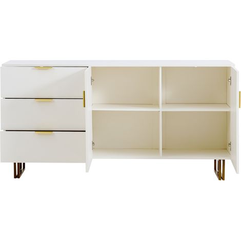 Buffet moderne blanc en MDF avec 2 portes et 3 tiroirs, 160 x 40 x 81,5 cm (1/5)
